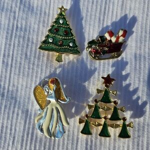 Christmas Broach Set Of 4 Angel, Trees, Sleigh